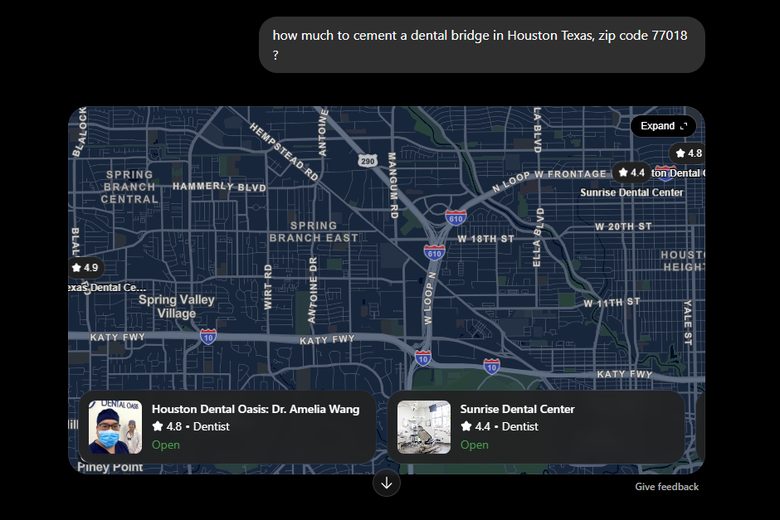 ChatGPT showing Houston Dental Oasis for a dental bridge question